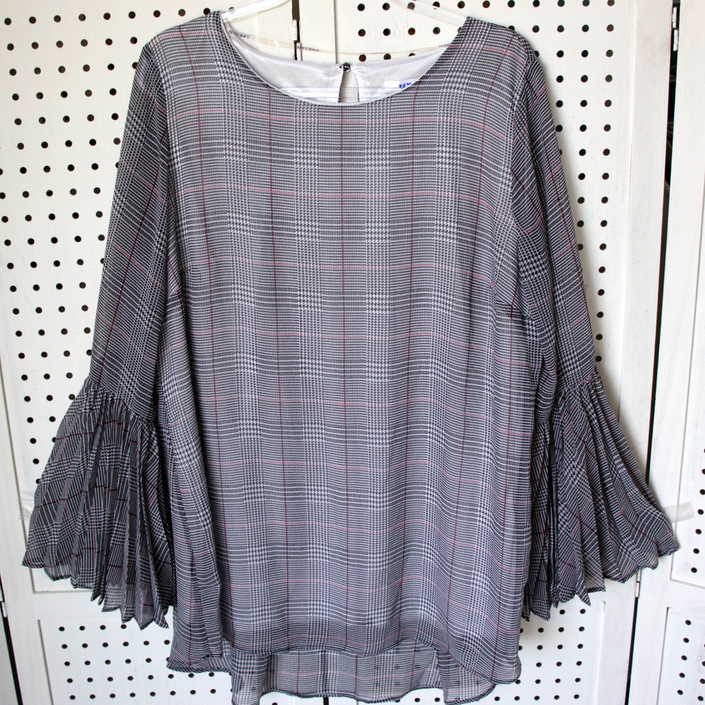 Peter NYGARD Womens SIZE L Glen Check Plaid Flounce Sleeve Top